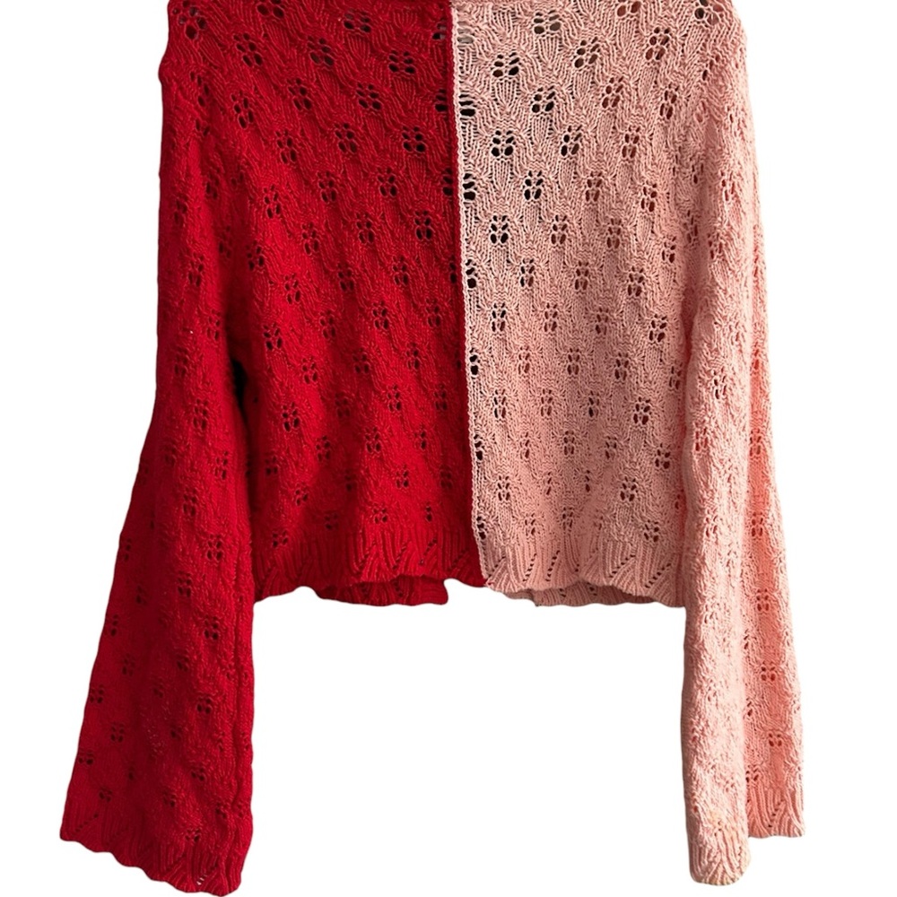 Sincerely Jules color block two tone lace knit crop cardigan pink & red M - Picture 7 of 8
